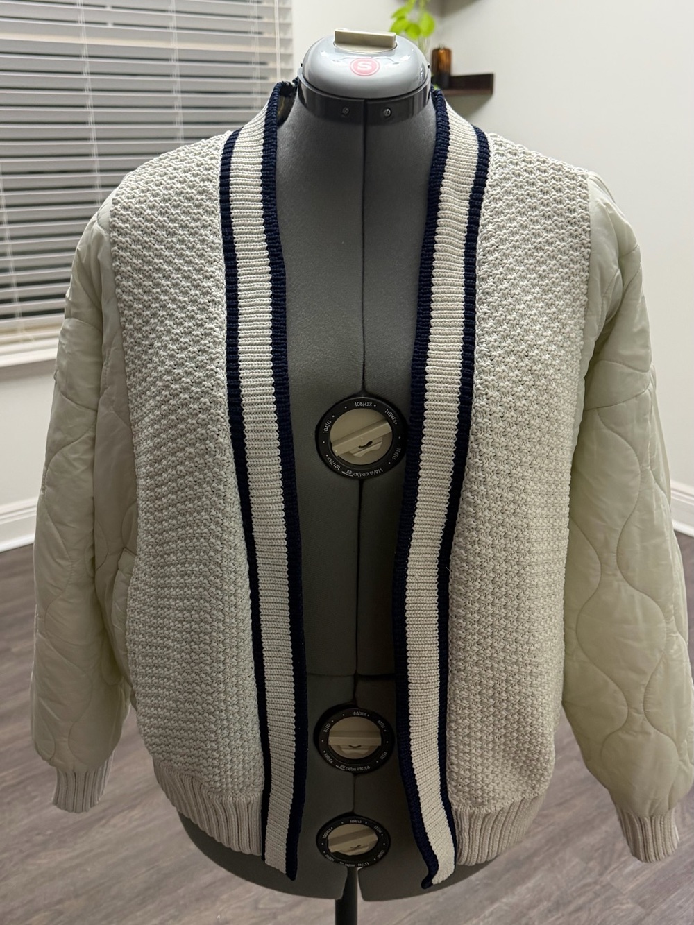 aerie Cream Crochet Knit Cardigan with Navy Accent